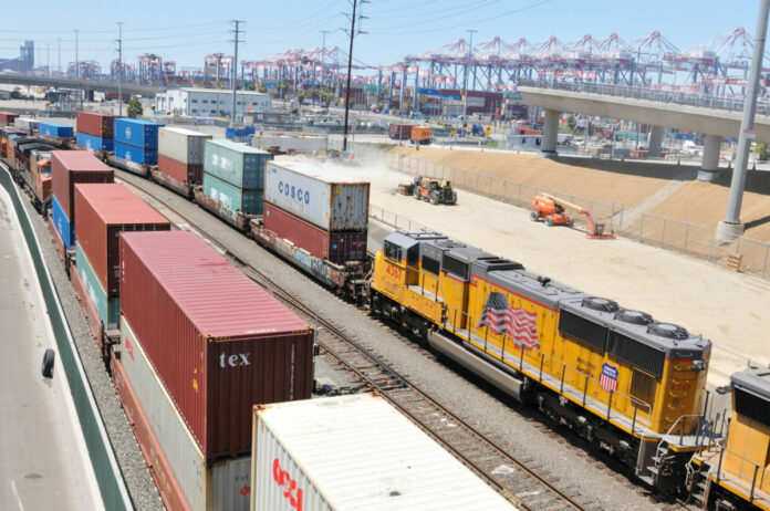 Cargo trains along the 710 Freeway