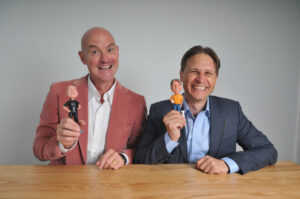 David Cavanaugh (left) and Stephane Budel with their bobblehead likeness in the DeciBio headquarters.