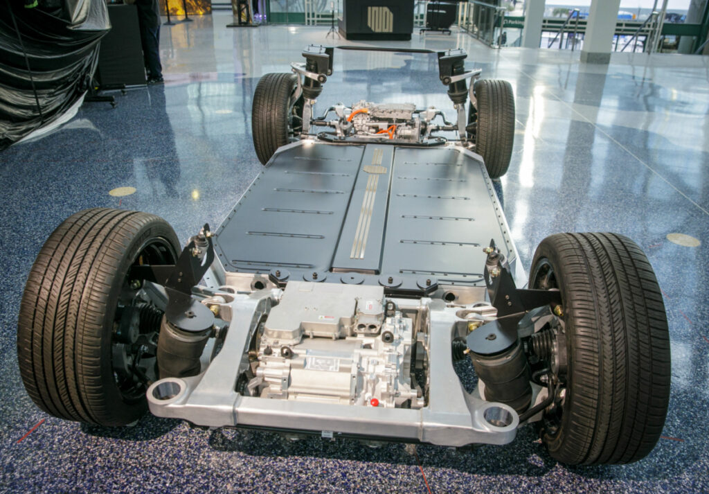 A Indi EV chassis on display at the Los Angeles Auto Show in Los Angeles, CA. Nov. 17, 2022. Photo by David Sprague