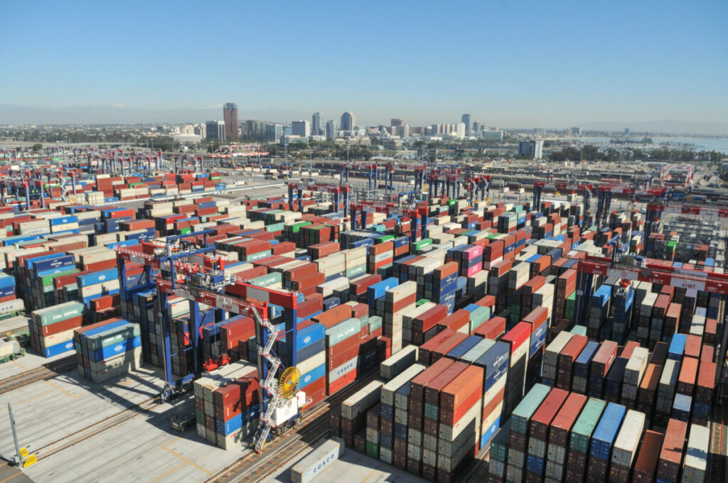 Containers at the Terminal with Long Beach Skyline.