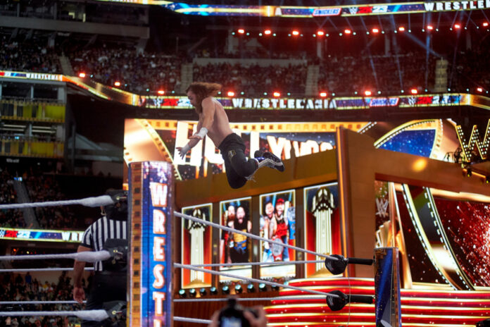 INGLEWOOD, CALIFORNIA - APRIL 01: Kevin Owens and Sami Zayn wrestle The Usos for the Undisputed WWE tag team championship during WrestleMania 39 at SoFi Stadium on April 01, 2023 in Inglewood, California. (Photo by Unique Nicole/Getty Images)